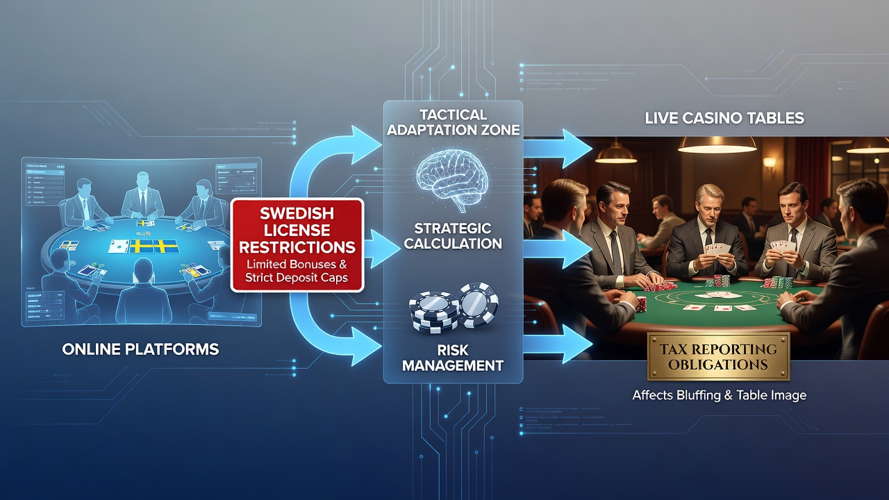 Live poker tables in a Swedish casino with regulated signage and player interactions